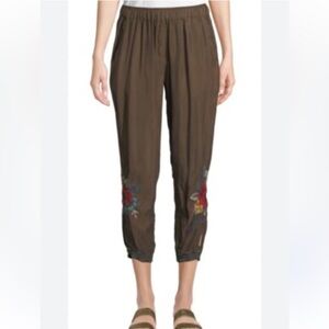 Johnny Was Workshop Embroiderd Floral Cupra Rayon Crop Pants Olive Green-Small